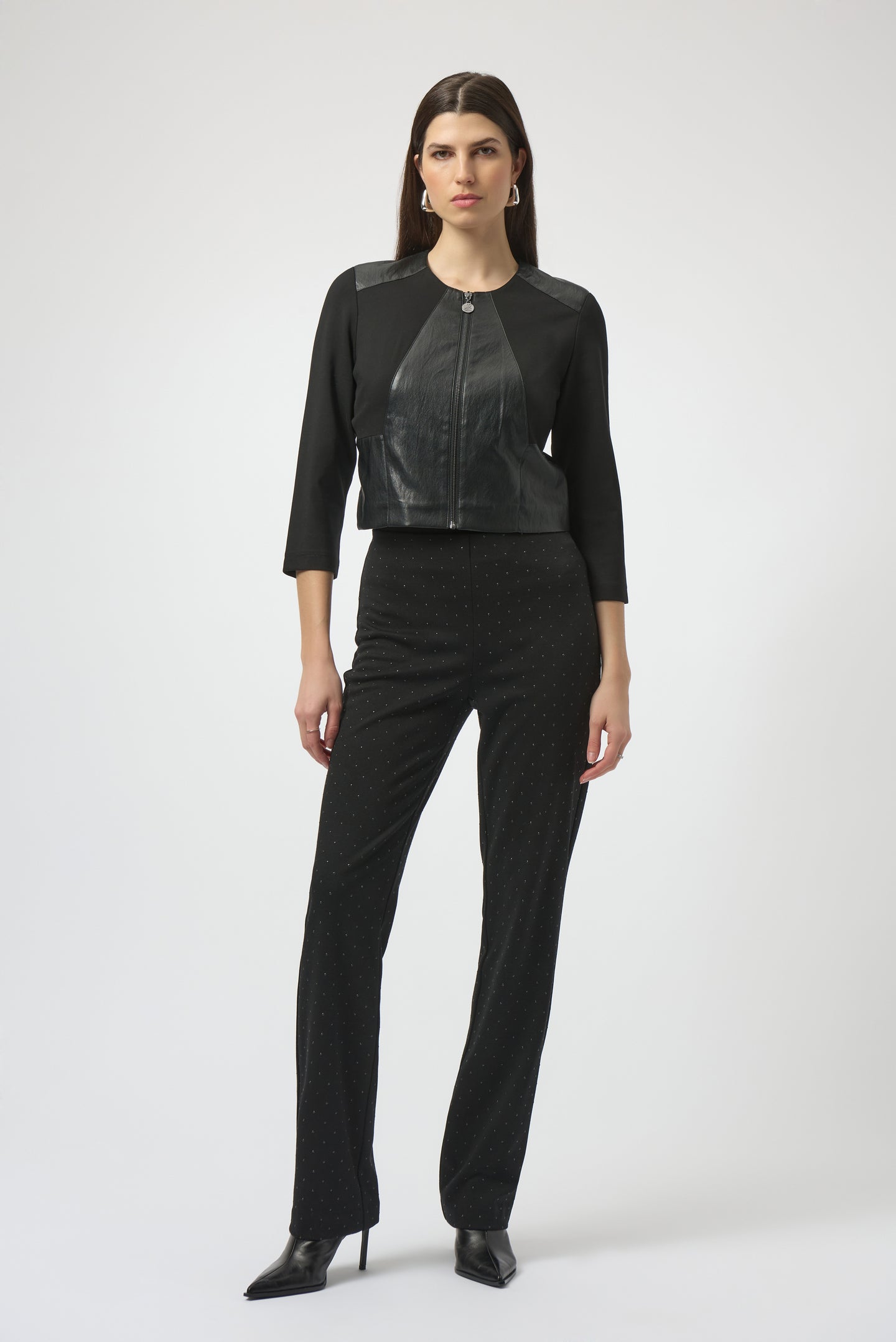 Joseph Ribkoff Heavy Knit and Leatherette Fitted Black Jacket – women’s cropped fitted jacket with zip-front and three-quarter sleeves.