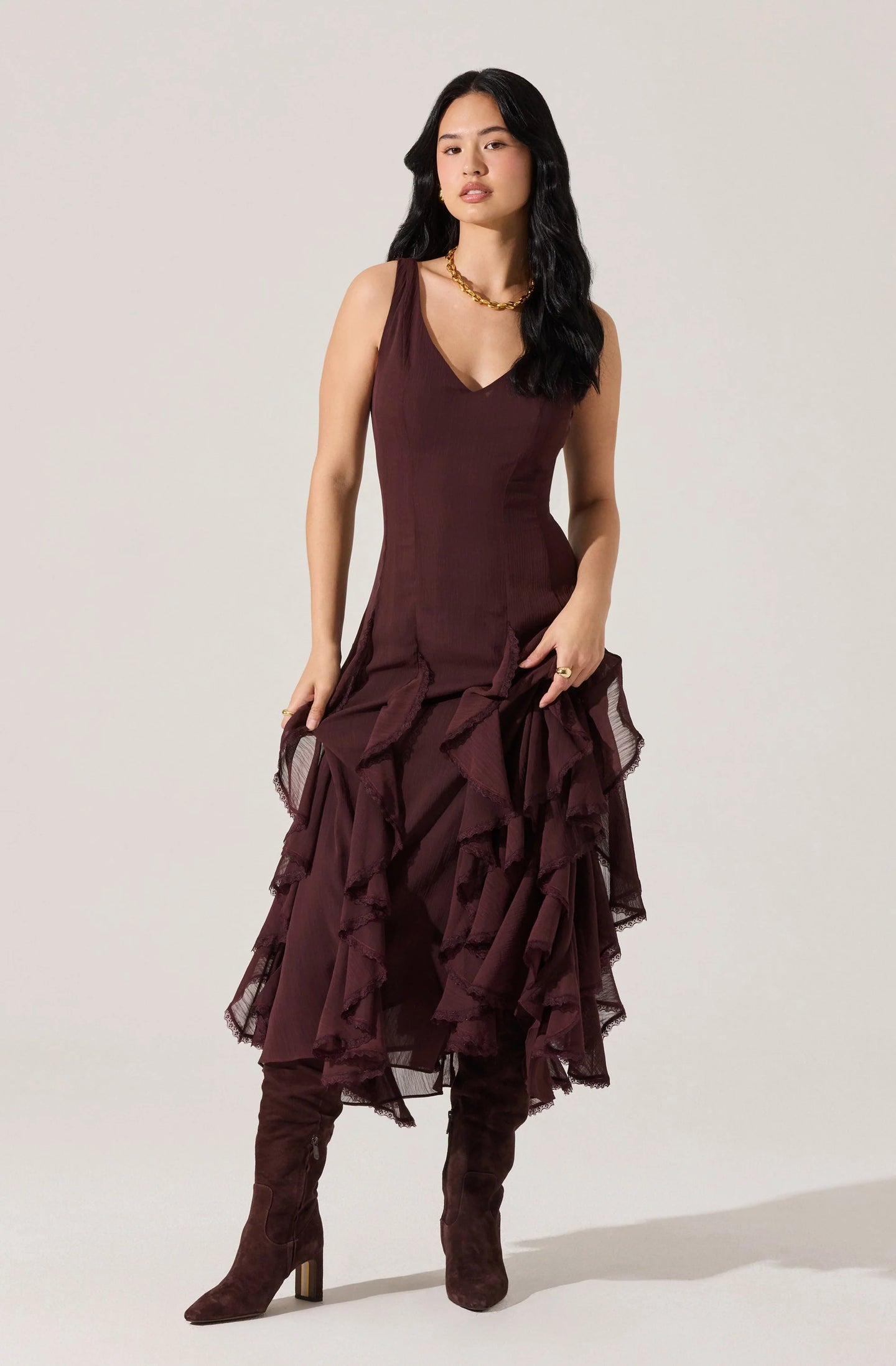 ASTR Philomene V-Neck Ruffle Trim Dress