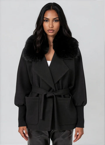 Love Token Halley Black Faux Fur Collar Cinched Waist Jacket