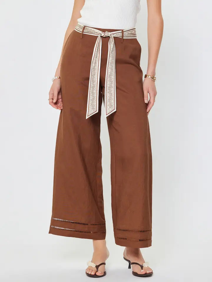 Linen Blend Cropped Wide Pants w/ Scarf Belt