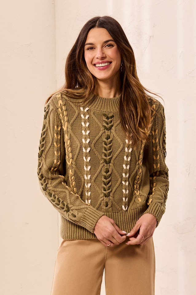 Tribal Lace-Up Cable Knit Crew Neck Sweater