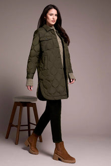 Long Quilted Button-Up Spruce Jacket with Pockets
