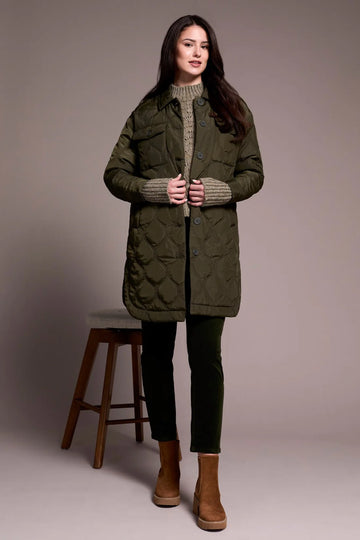 Long Quilted Button-Up Spruce Jacket with Pockets