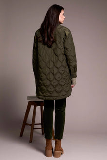 Long Quilted Button-Up Spruce Jacket with Pockets