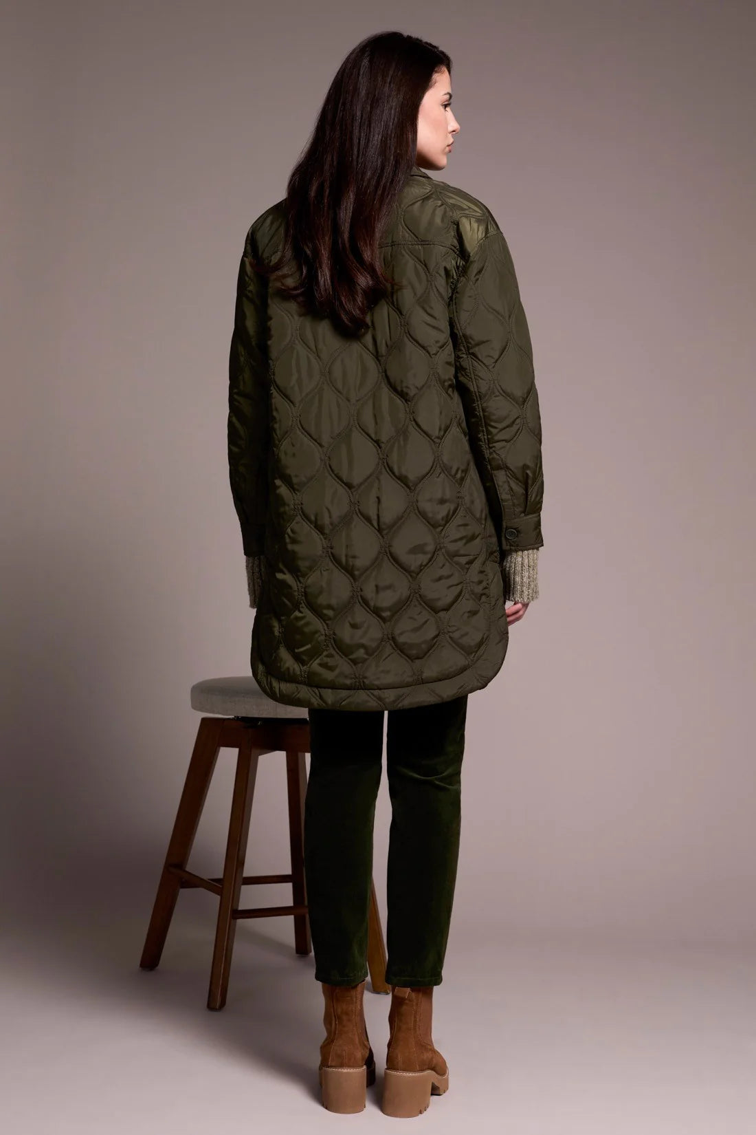 Long Quilted Button-Up Spruce Jacket with Pockets
