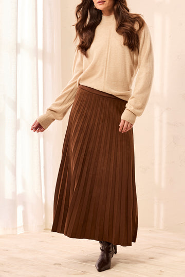 Tribal Chocolate Faux Suede Pleated Midi Skirt