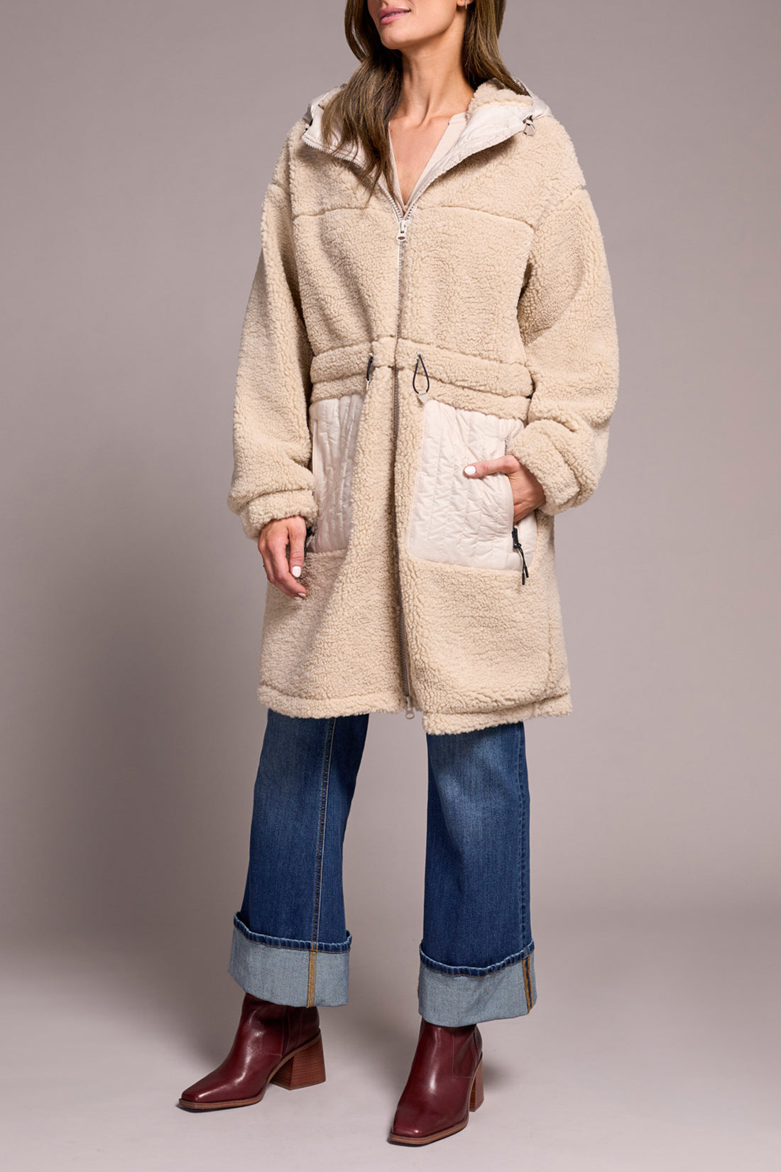 Faux Sherpa Zip-Front Hooded Coat With Drawcord