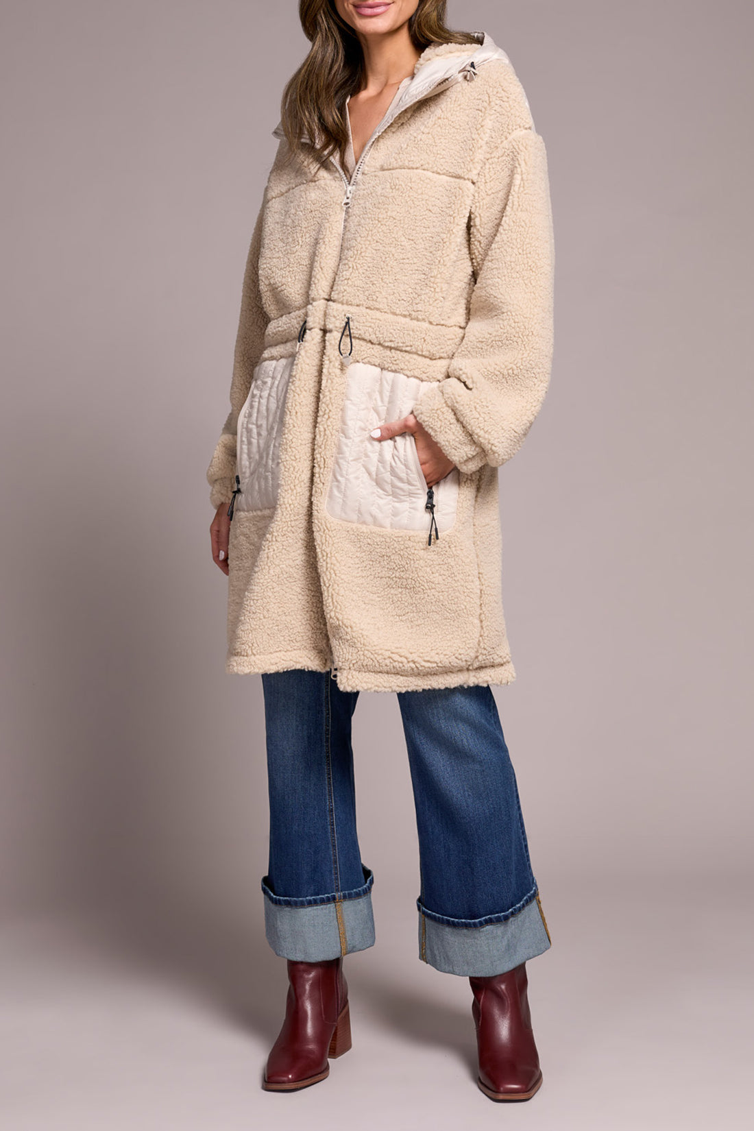Faux Sherpa Zip-Front Hooded Coat With Drawcord