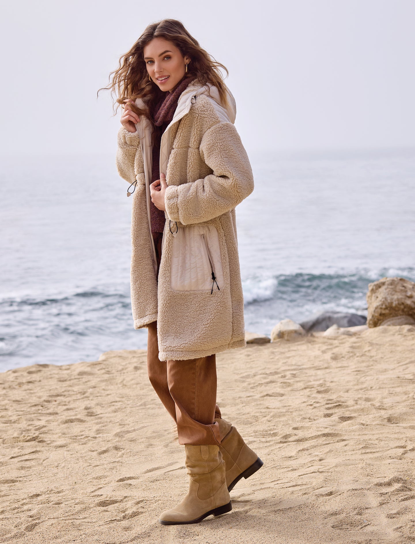 Faux Sherpa Zip-Front Hooded Coat With Drawcord