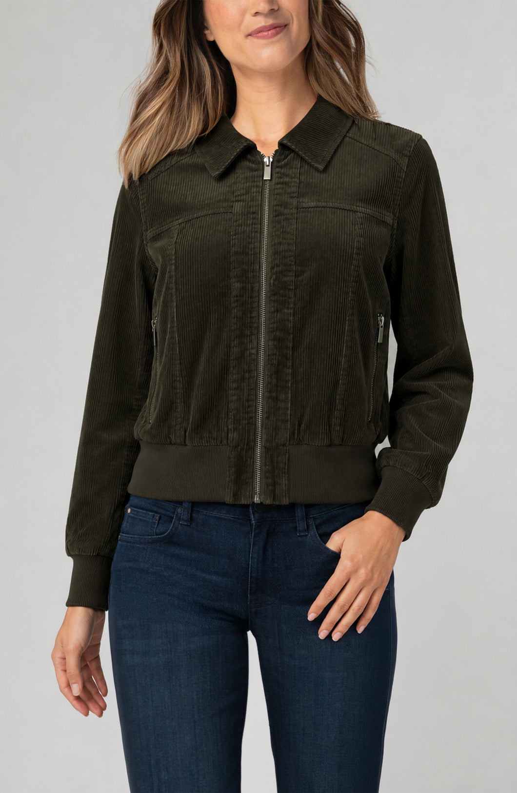Liverpool Hunter Green Corduroy Zip-Front Bomber Jacket