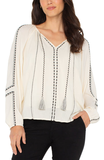Liverpool Long Sleeve Raglan Woven Blouse with Embroidery