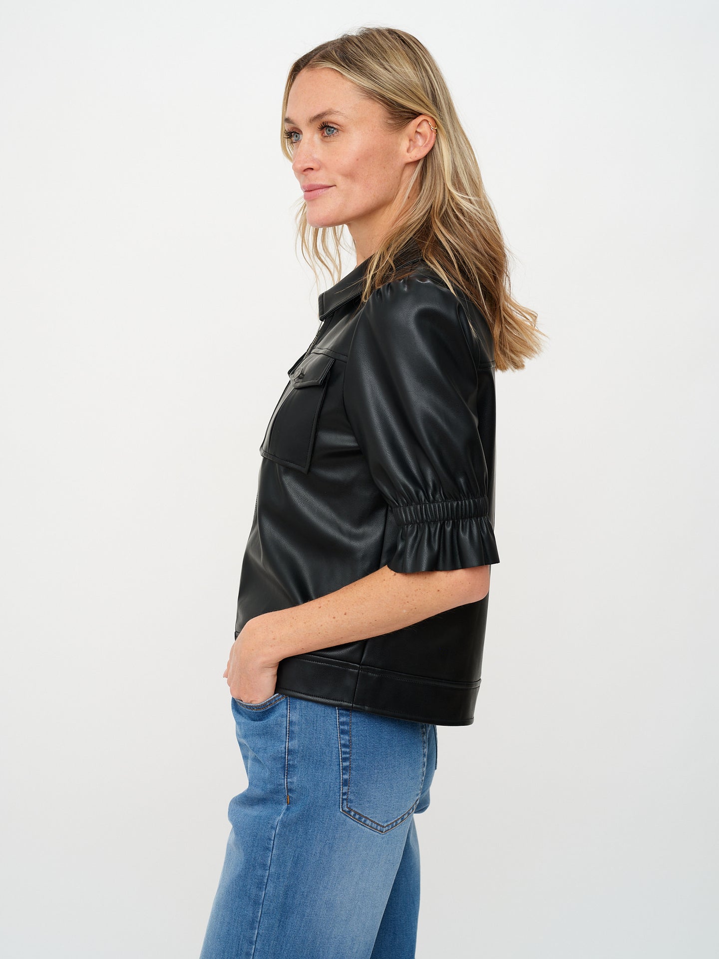 Jennifer Faux Leather Flutter Sleeve Jacket