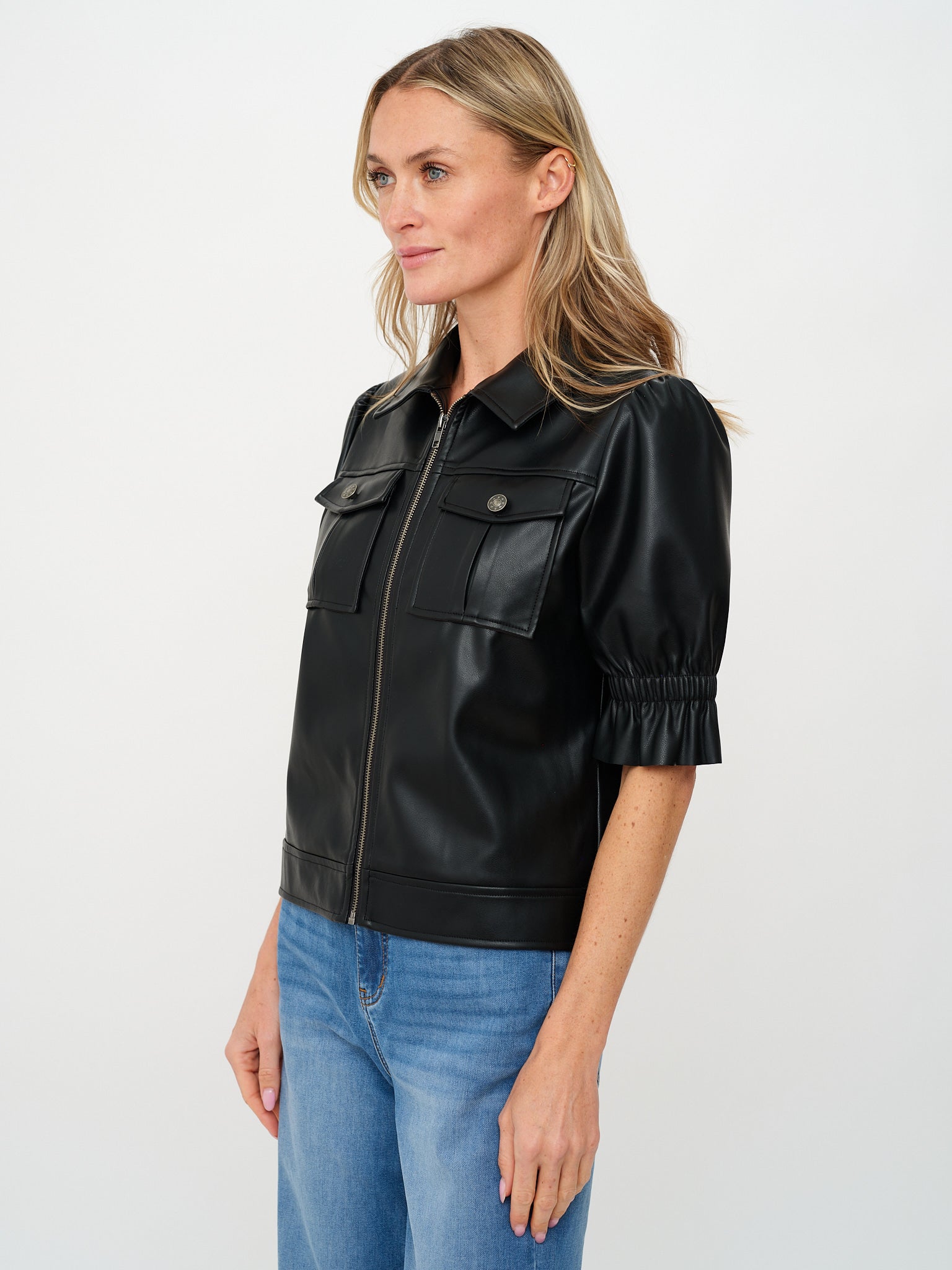 Jennifer Faux Leather Flutter Sleeve Jacket