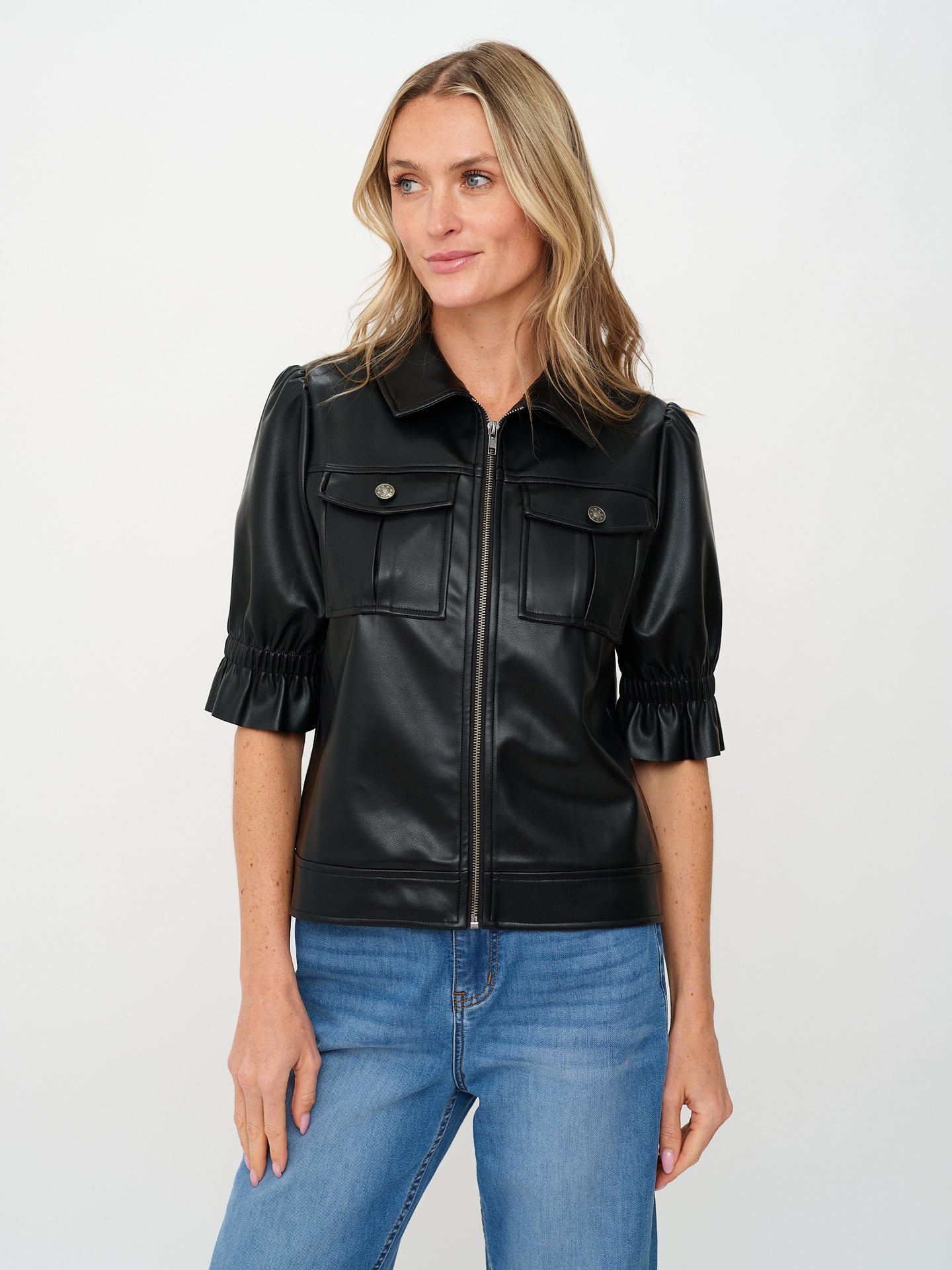 Jennifer Faux Leather Flutter Sleeve Jacket