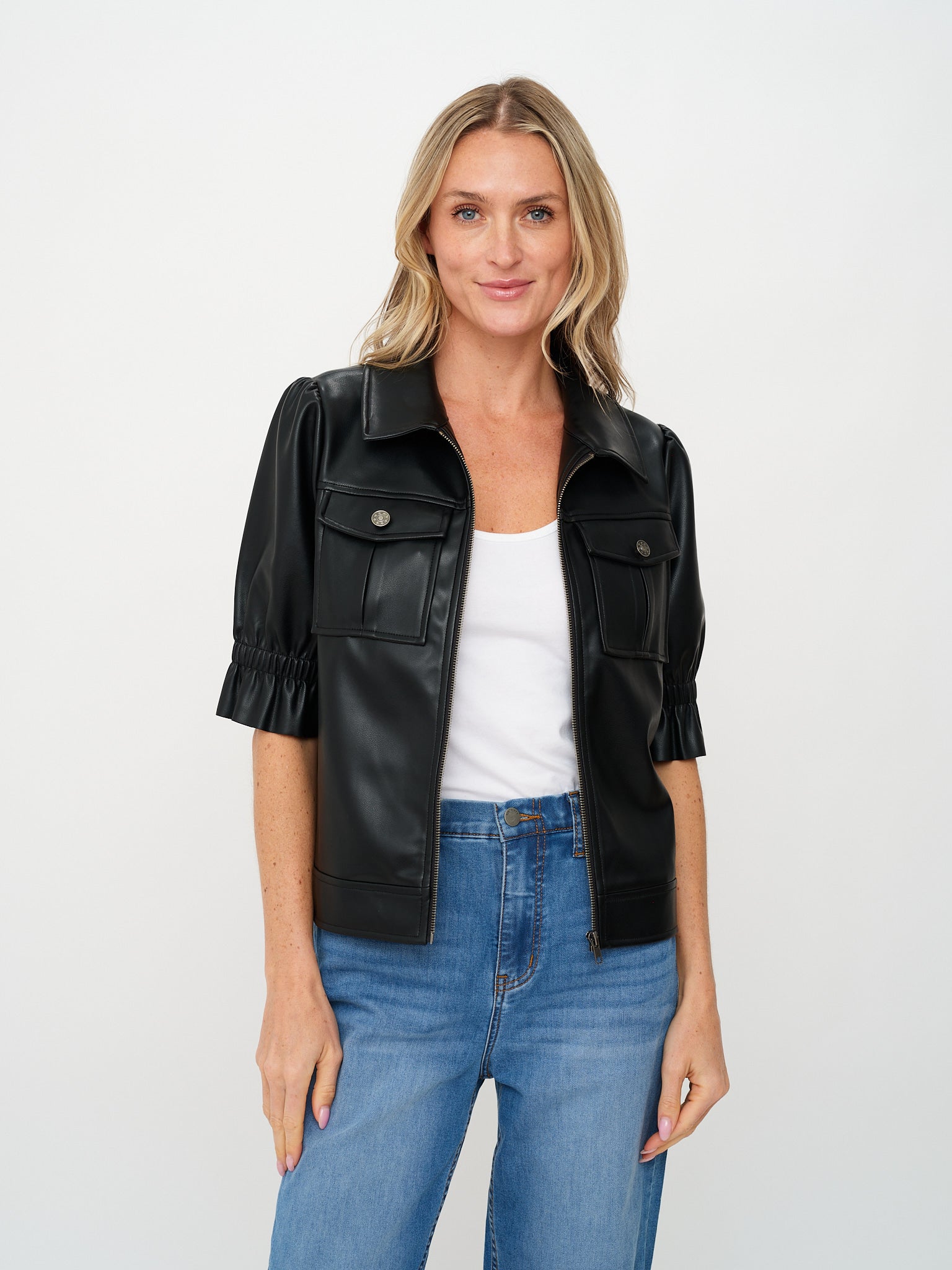 Jennifer Faux Leather Flutter Sleeve Jacket