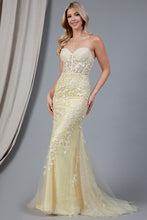 Amelia Couture Prom Dress Style 7024 in yellow with intricate lace detailing and a fitted mermaid silhouette
