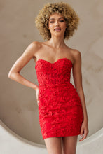 Model wearing a strapless red lace dress with floral embroidery, Amelia Couture Homecoming Dress Style 7053S.