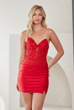 Blonde woman wearing a red embellished strapless mini dress Amelia Couture Prom Dress Style 7092S by amelia couture
