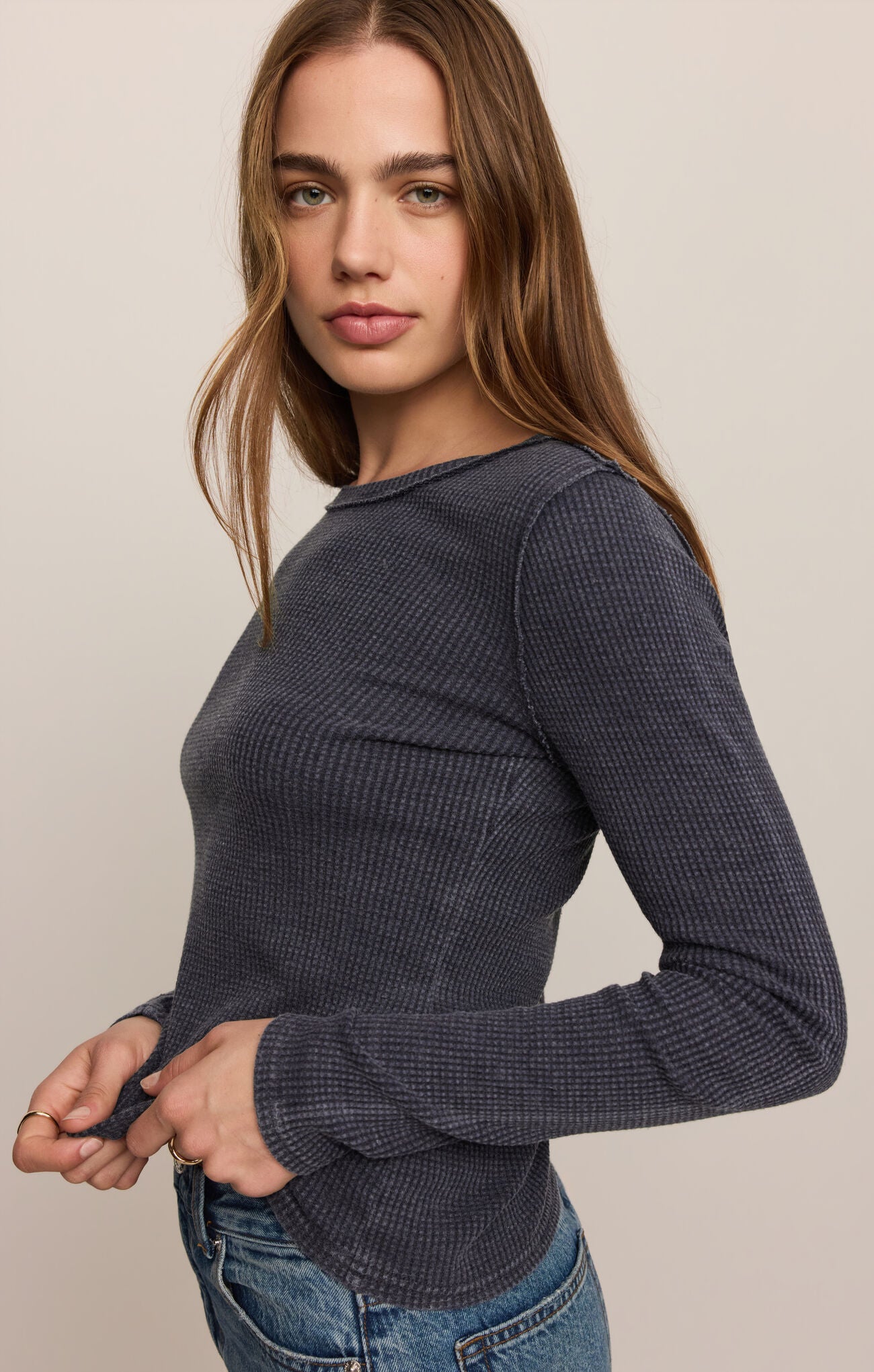 Oxford Blue Arlet Mini Thermal Top by z supply in textured dark blue with long sleeves and a fitted silhouette