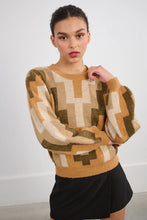 Molly Bracken Khaki Print Knit Sweater with straight fit, balloon sleeves, and ribbed neckline, cuffs, and hem