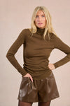 Molly Bracken Khaki Turtleneck with slim fit, fine mesh knit, and long sleeves.