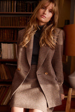 Molly Bracken Brown Plaid Blazer with houndstooth print, metallic buttons, and tailored collar.