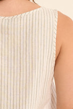 Close-up of sleeveless striped fabric detail on Light Beige Luxe Tank by Molly Bracken against skin background