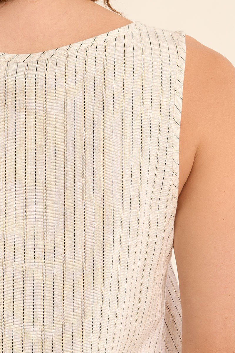 Close-up of sleeveless striped fabric detail on Light Beige Luxe Tank by Molly Bracken against skin background