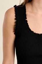 Close-up of a black Ruffle Trim Tank Top by Molly Bracken featuring delicate ruffled edges on a ribbed fabric.