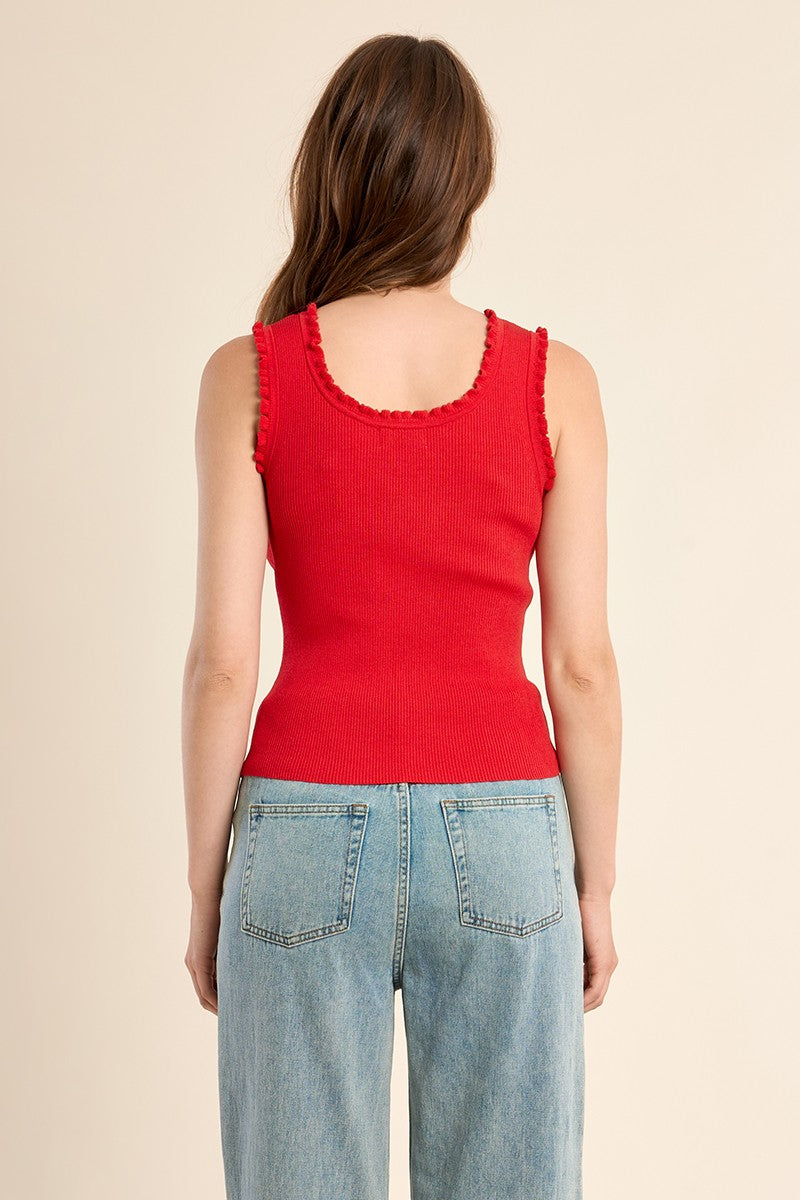 Woman wearing red Ruffle Trim Tank Top by Molly Bracken, shown from back with light denim jeans