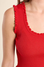 Close-up of a red ribbed Ruffle Trim Tank Top by Molly Bracken showing delicate ruffled edges on the neckline and straps
