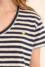 Close-up of Navy Blue Stripe V-Neck Tee by Molly Bracken with gold heart detail on chest and soft fabric texture