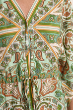 Close-up of intricate paisley and geometric patterns on the Green Ines Dress by Molly Bracken with button and tie details