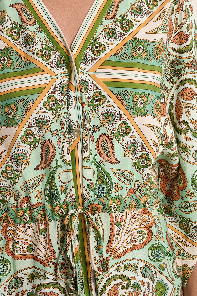 Close-up of intricate paisley and geometric patterns on the Green Ines Dress by Molly Bracken with button and tie details