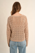 Woman wearing a delicate knit Beige Angelique Cardigan by Molly Bracken with an openwork pattern, shown from the back