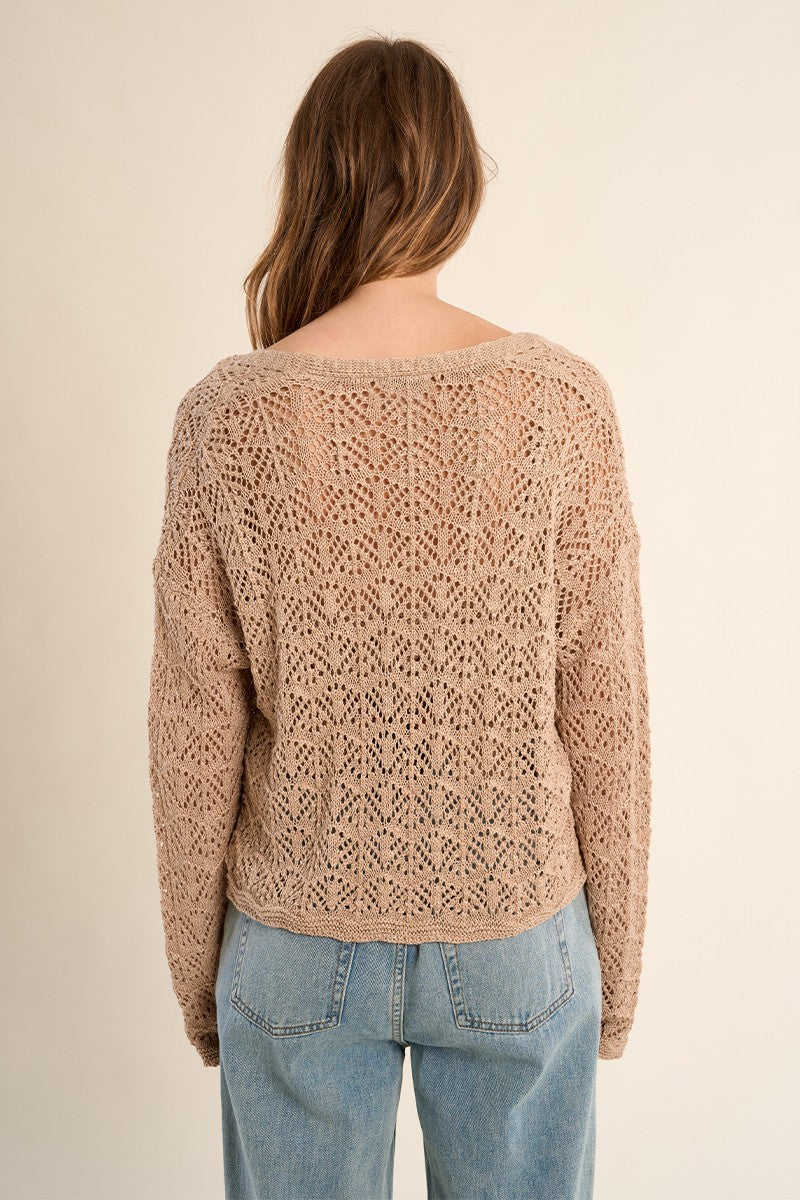 Woman wearing a delicate knit Beige Angelique Cardigan by Molly Bracken with an openwork pattern, shown from the back