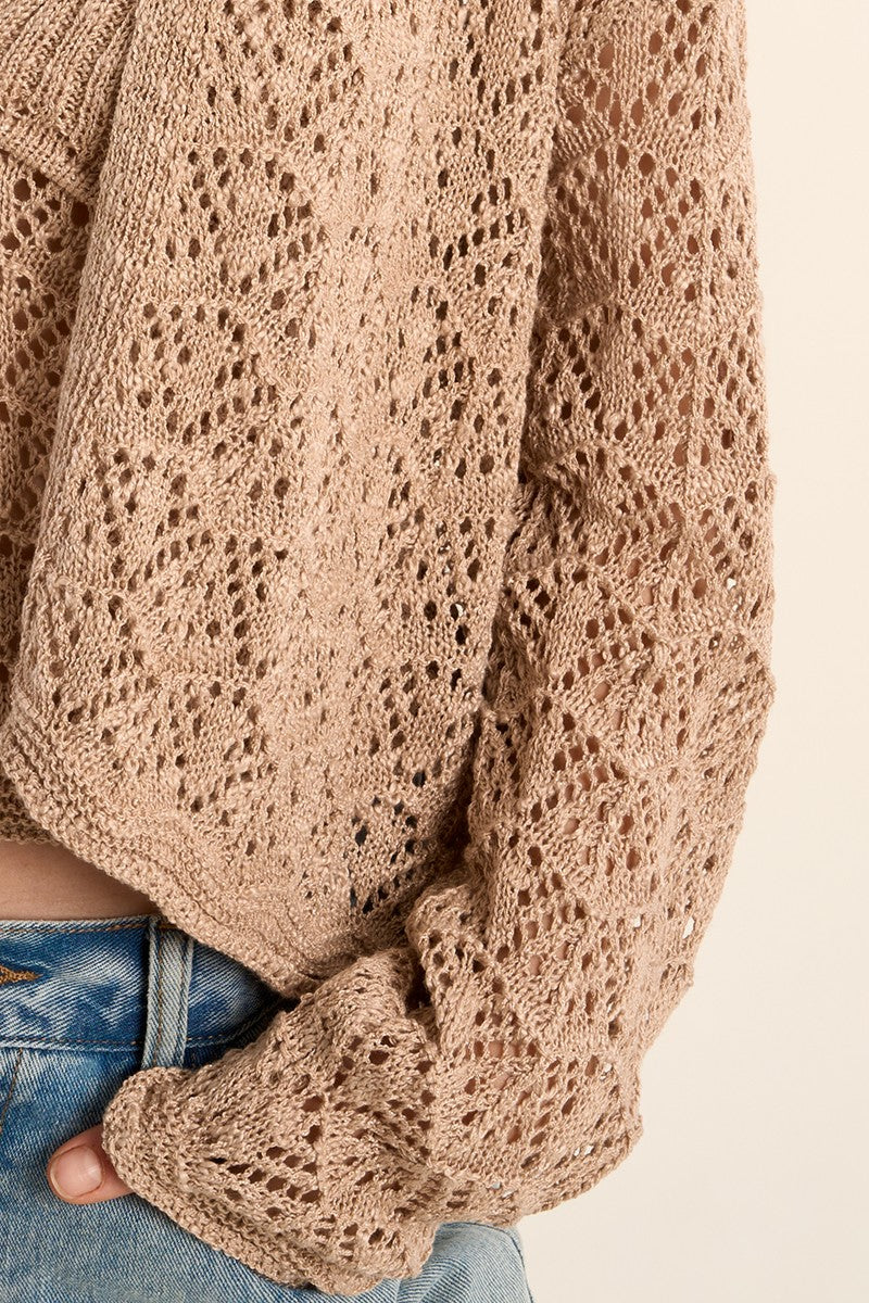 Beige Angelique Cardigan by Molly Bracken featuring delicate open knit floral patterns and textured sleeves.