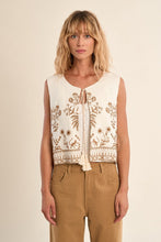White Sands Vest by Molly Bracken featuring cream fabric with intricate brown floral embroidery and tassel tie front