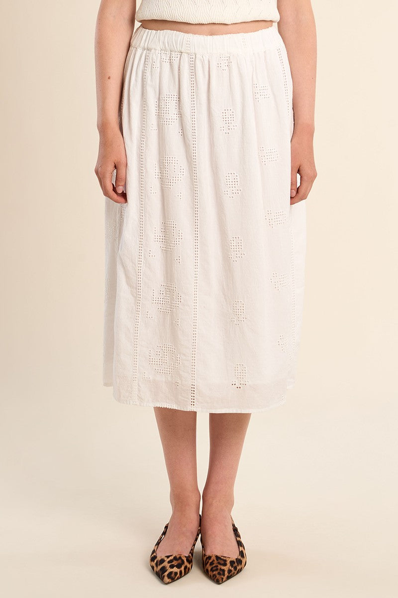 OffWhite Stella Skirt by Molly Bracken, mid-length with delicate eyelet floral patterns and elastic waistband.