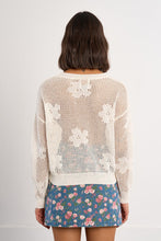 Back view of a woman wearing Molly Bracken's White Petal Knit Sweater with floral patterns over a blue skirt.