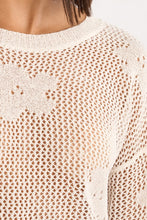 Close-up of a delicate mesh knit pattern with floral details on the White Petal Knit Sweater by Molly Bracken