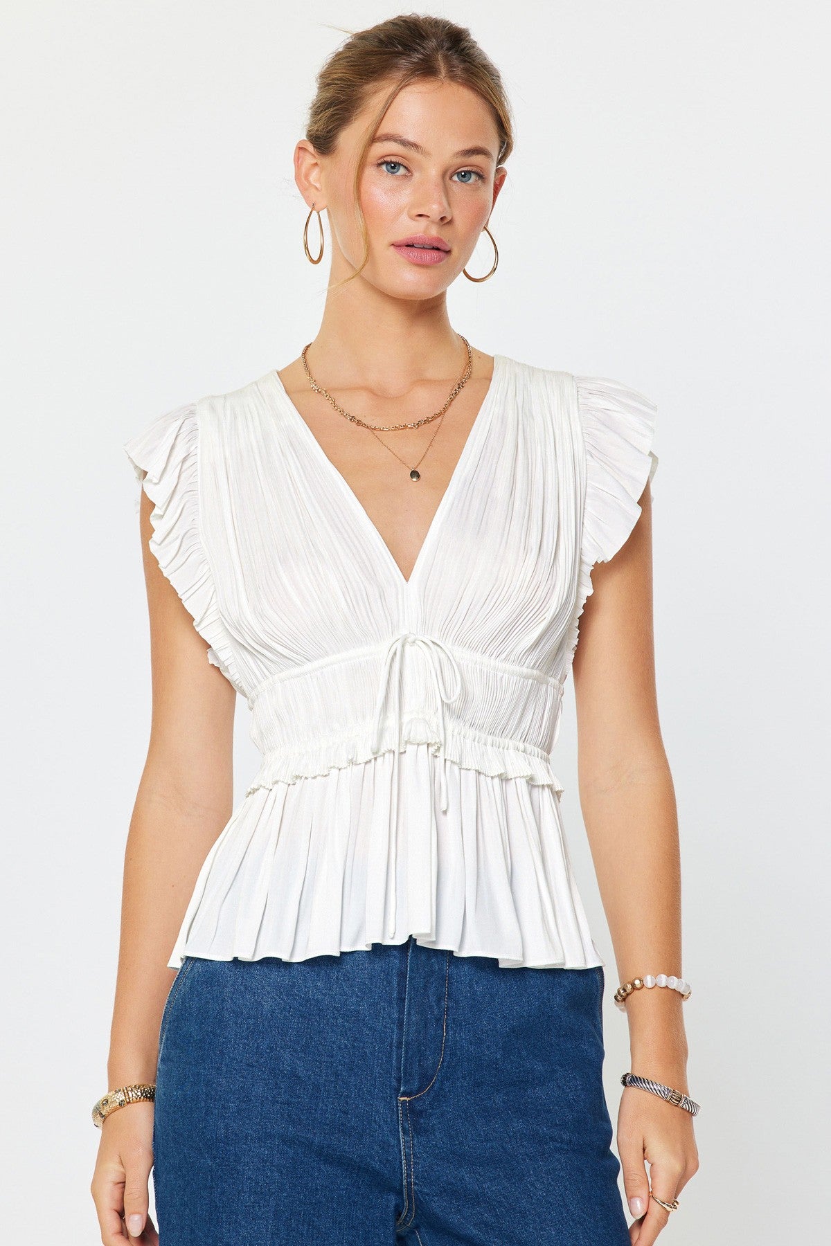 Pleated Peplum V-Neck Blouse