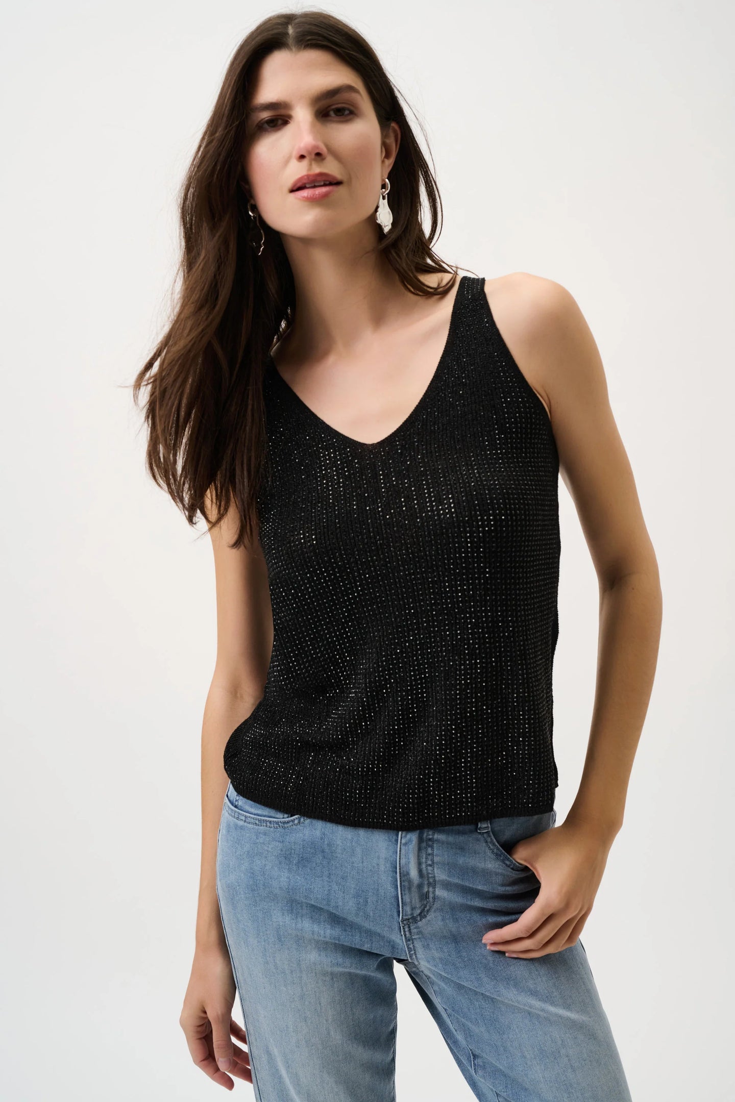 JOSEPH Ribkoff Metallic Knit Rhinestone Tank in black with V neck styling