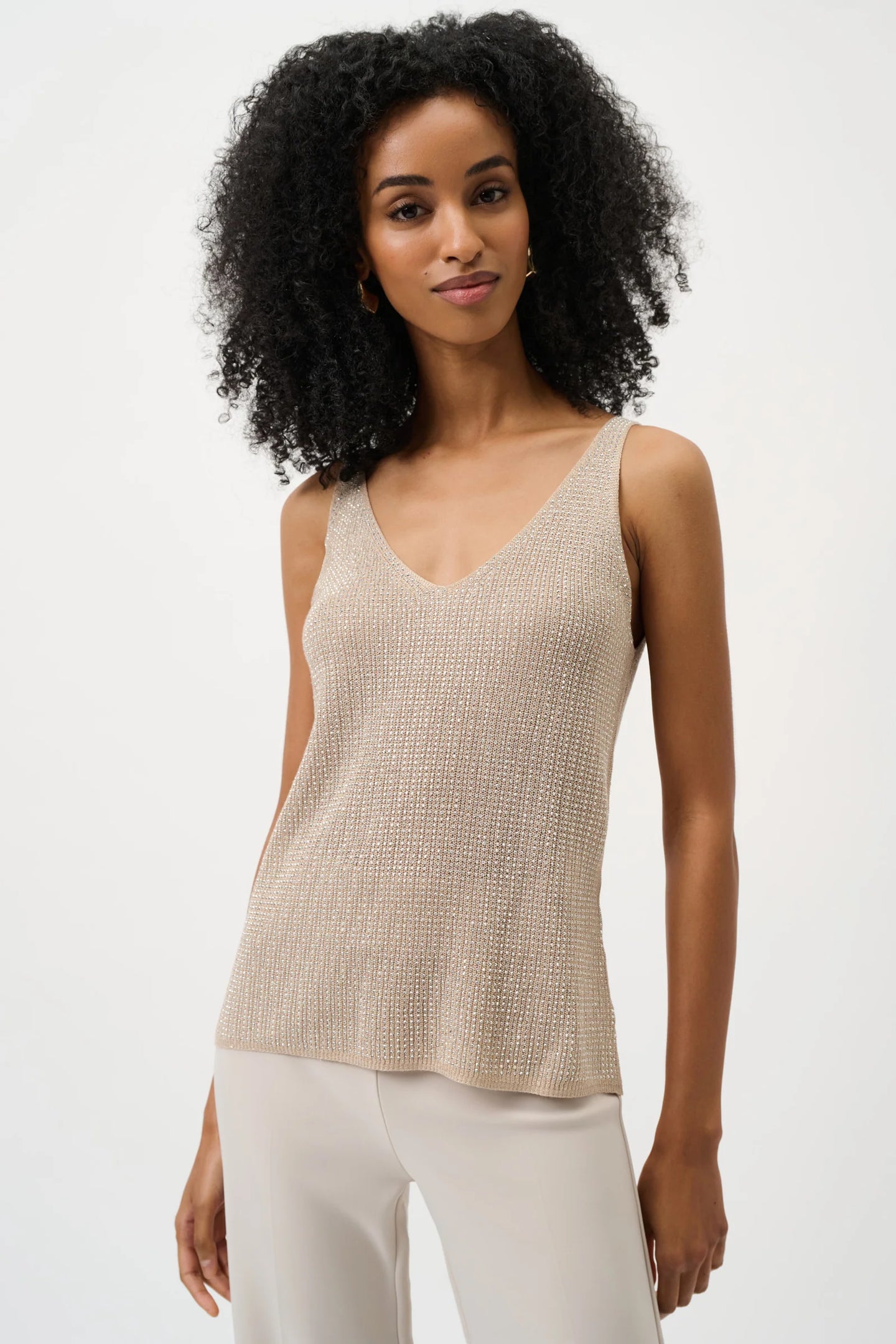 JOSEPH Ribkoff Metallic Knit Rhinestone Tank in beige with scoop neck and sleeveless design