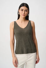 Metallic Knit Rhinestone Tank by JOSEPH Ribkoff modeled with a V neck and white pants