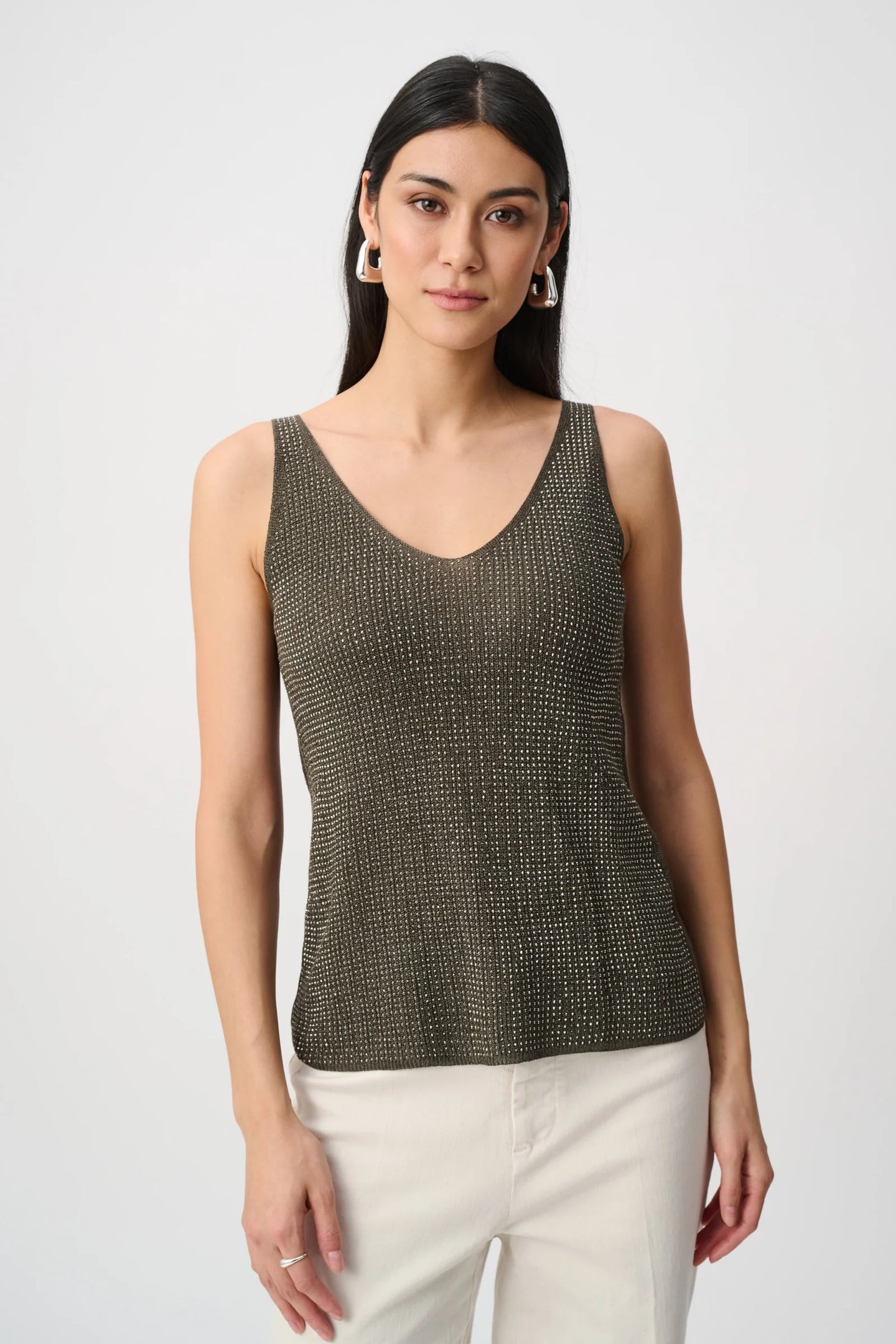 Metallic Knit Rhinestone Tank by JOSEPH Ribkoff modeled with a V neck and white pants