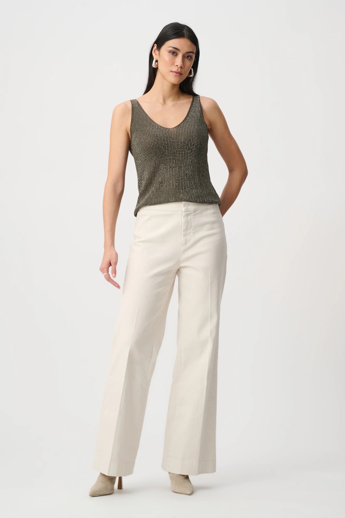 JOSEPH Ribkoff Metallic Knit Rhinestone Tank in olive styled with white trousers