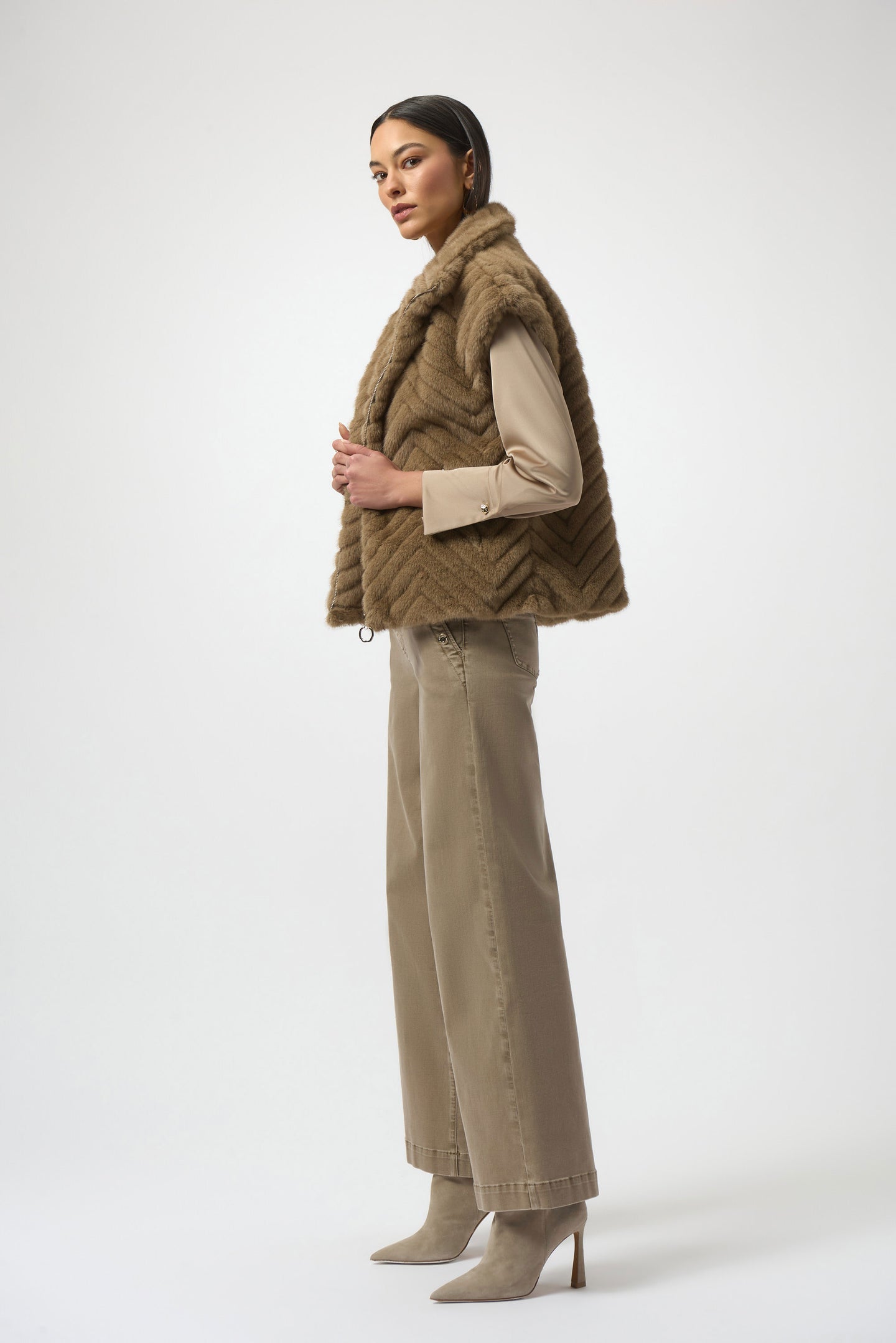 Joseph Ribkoff Chevron Faux Fur Mock Neck Vest