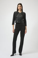 Joseph Ribkoff Heavy Knit and Leatherette Fitted Black Jacket – women’s cropped fitted jacket with zip-front and three-quarter sleeves.
