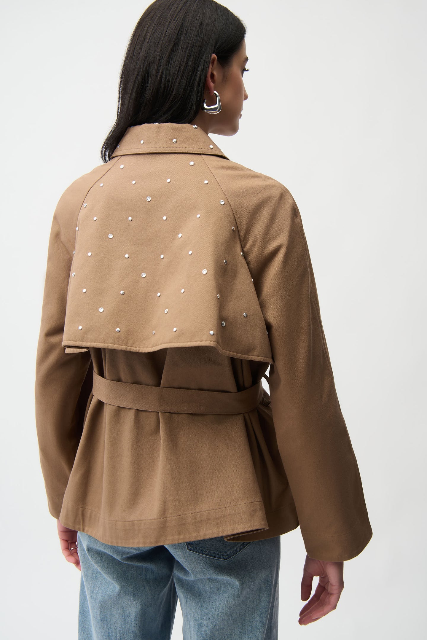 Joseph Ribkoff Cotton Twill Short Trench with Belt and Rhinestones Detail